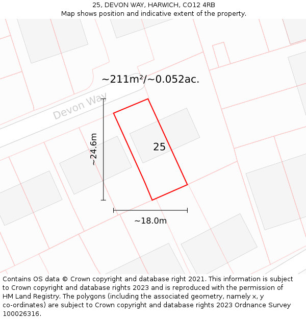 25, DEVON WAY, HARWICH, CO12 4RB: Plot and title map