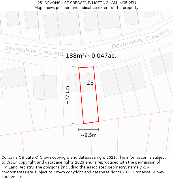 25, DEVONSHIRE CRESCENT, NOTTINGHAM, NG5 2EU: Plot and title map