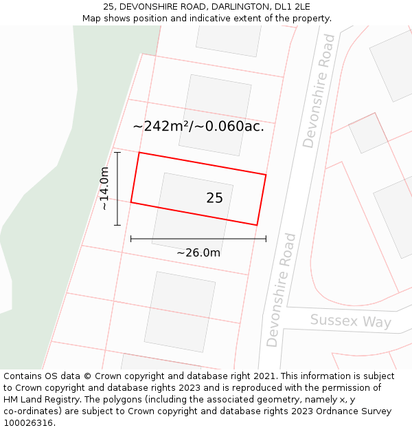 25, DEVONSHIRE ROAD, DARLINGTON, DL1 2LE: Plot and title map