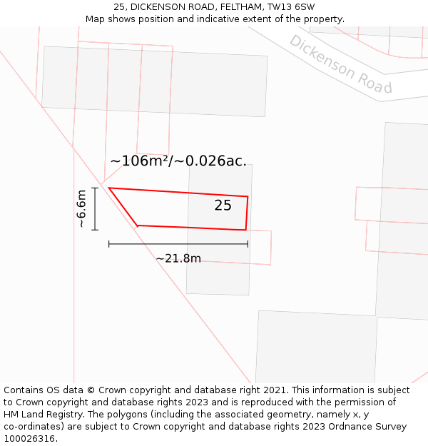 25, DICKENSON ROAD, FELTHAM, TW13 6SW: Plot and title map