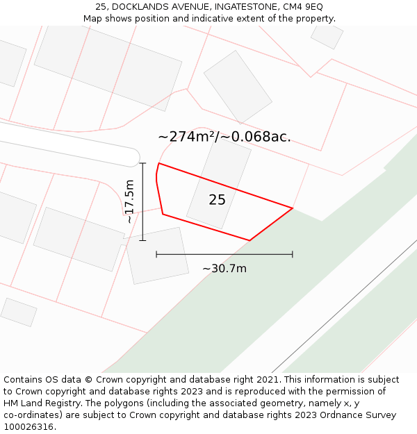 25, DOCKLANDS AVENUE, INGATESTONE, CM4 9EQ: Plot and title map