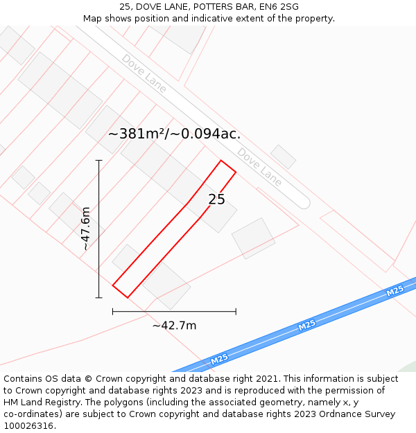 25, DOVE LANE, POTTERS BAR, EN6 2SG: Plot and title map
