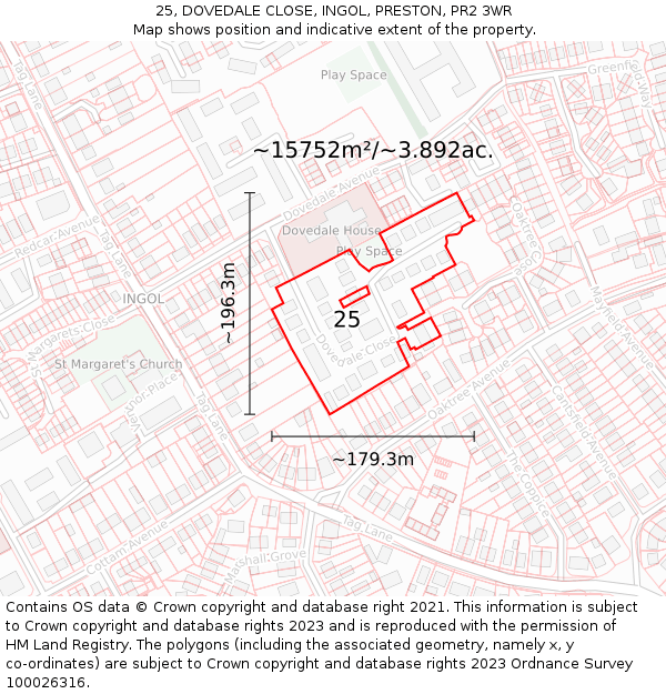 25, DOVEDALE CLOSE, INGOL, PRESTON, PR2 3WR: Plot and title map