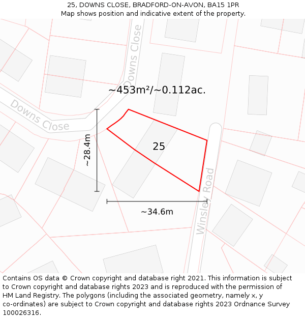25, DOWNS CLOSE, BRADFORD-ON-AVON, BA15 1PR: Plot and title map