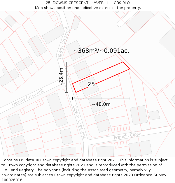 25, DOWNS CRESCENT, HAVERHILL, CB9 9LQ: Plot and title map