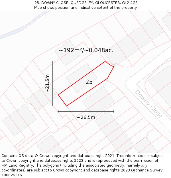 25, DOWNY CLOSE, QUEDGELEY, GLOUCESTER, GL2 4GF: Plot and title map