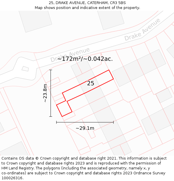 25, DRAKE AVENUE, CATERHAM, CR3 5BS: Plot and title map