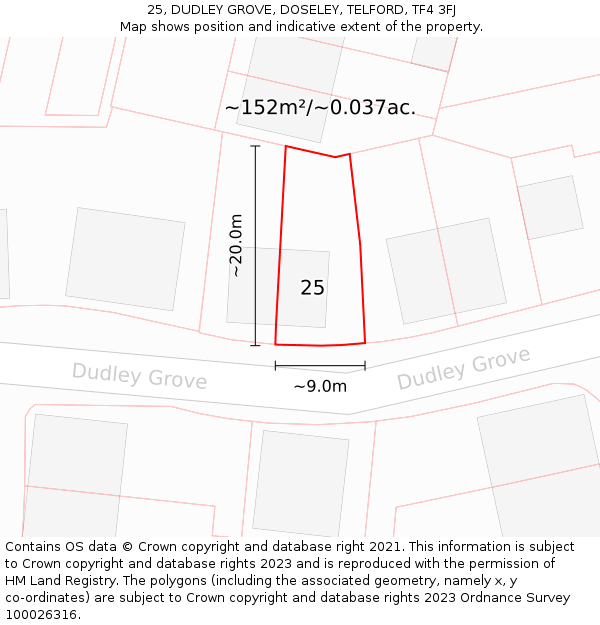 25, DUDLEY GROVE, DOSELEY, TELFORD, TF4 3FJ: Plot and title map