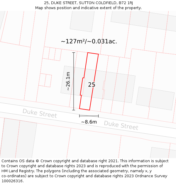 25, DUKE STREET, SUTTON COLDFIELD, B72 1RJ: Plot and title map