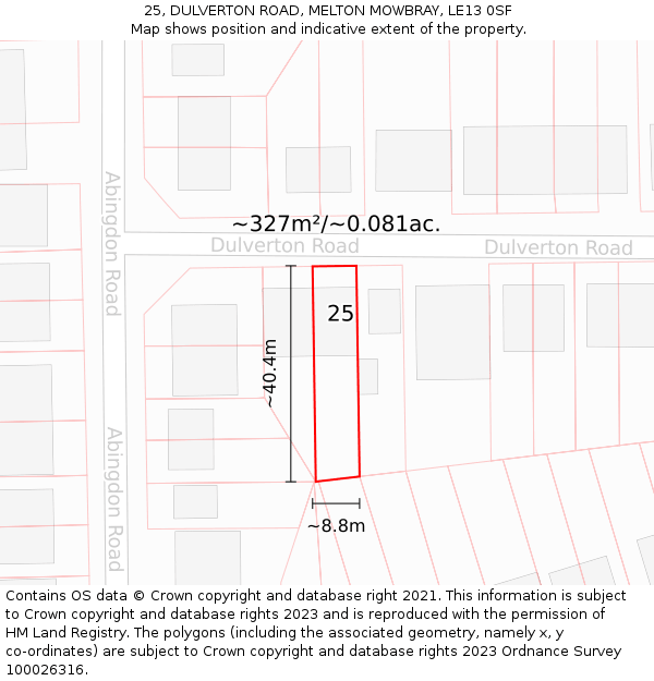25, DULVERTON ROAD, MELTON MOWBRAY, LE13 0SF: Plot and title map