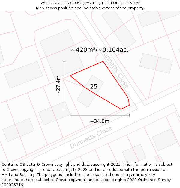 25, DUNNETTS CLOSE, ASHILL, THETFORD, IP25 7AY: Plot and title map