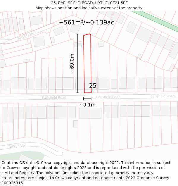 25, EARLSFIELD ROAD, HYTHE, CT21 5PE: Plot and title map
