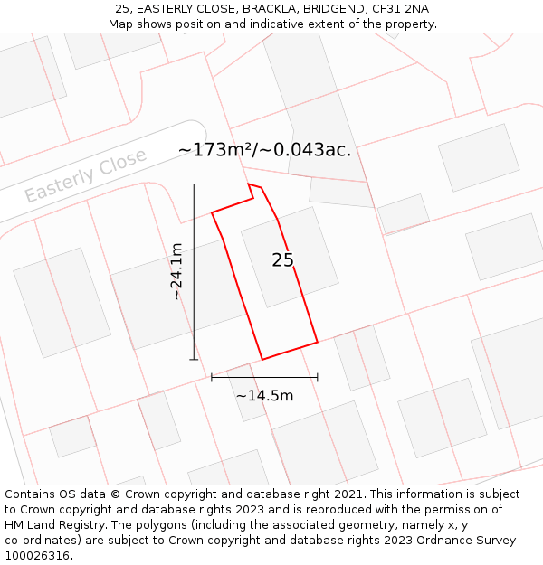 25, EASTERLY CLOSE, BRACKLA, BRIDGEND, CF31 2NA: Plot and title map