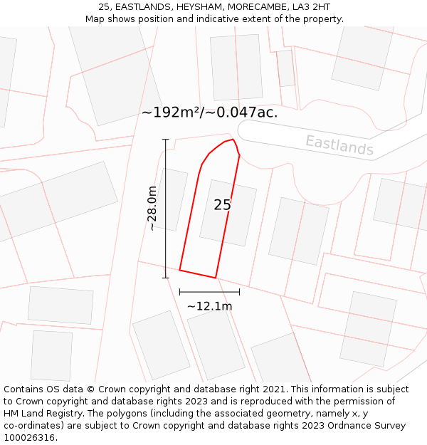 25, EASTLANDS, HEYSHAM, MORECAMBE, LA3 2HT: Plot and title map