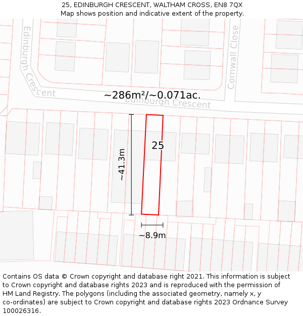 25, EDINBURGH CRESCENT, WALTHAM CROSS, EN8 7QX: Plot and title map