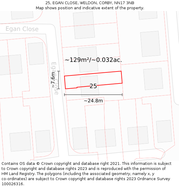 25, EGAN CLOSE, WELDON, CORBY, NN17 3NB: Plot and title map