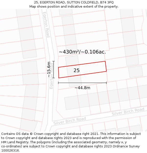 25, EGERTON ROAD, SUTTON COLDFIELD, B74 3PQ: Plot and title map