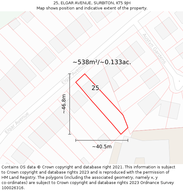 25, ELGAR AVENUE, SURBITON, KT5 9JH: Plot and title map