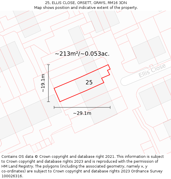 25, ELLIS CLOSE, ORSETT, GRAYS, RM16 3DN: Plot and title map