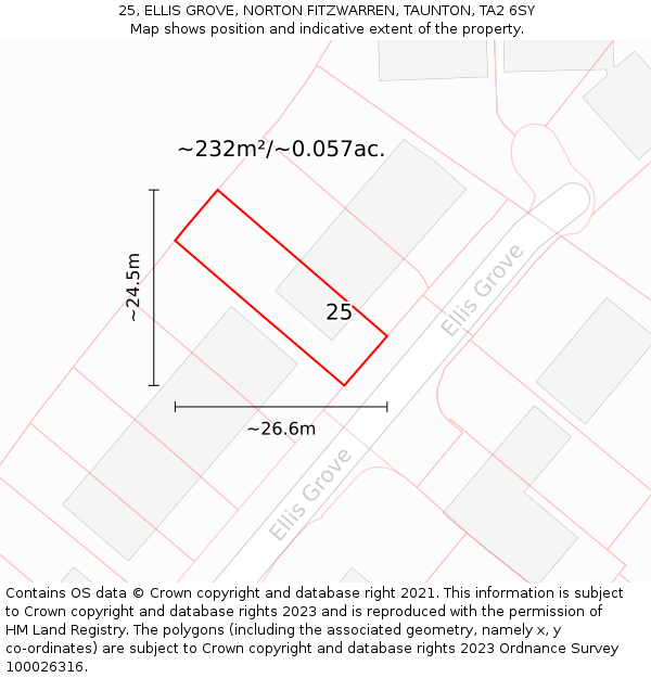 25, ELLIS GROVE, NORTON FITZWARREN, TAUNTON, TA2 6SY: Plot and title map