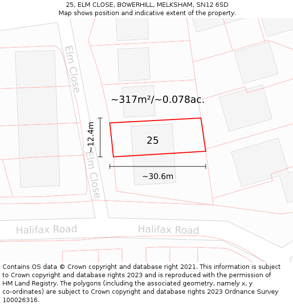 25, ELM CLOSE, BOWERHILL, MELKSHAM, SN12 6SD: Plot and title map