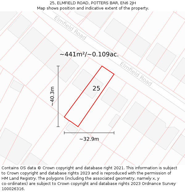 25, ELMFIELD ROAD, POTTERS BAR, EN6 2JH: Plot and title map