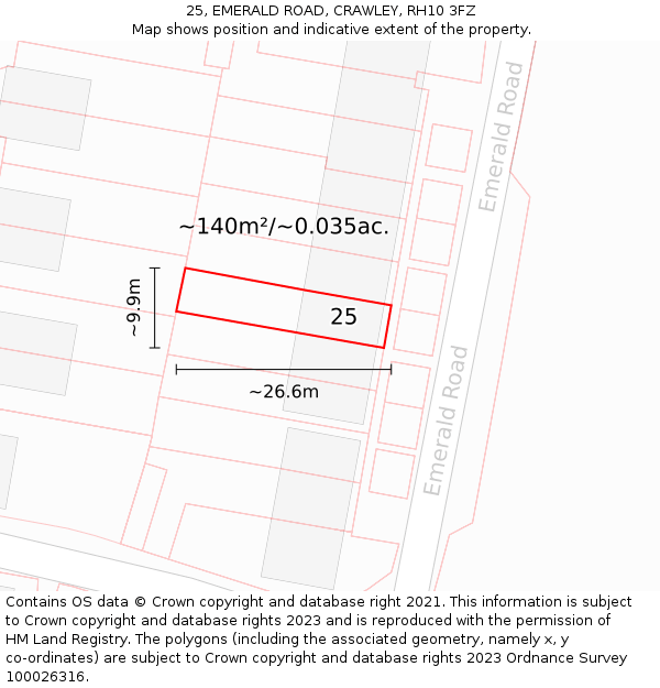 25, EMERALD ROAD, CRAWLEY, RH10 3FZ: Plot and title map