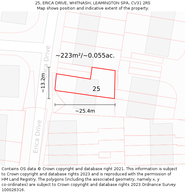 25, ERICA DRIVE, WHITNASH, LEAMINGTON SPA, CV31 2RS: Plot and title map
