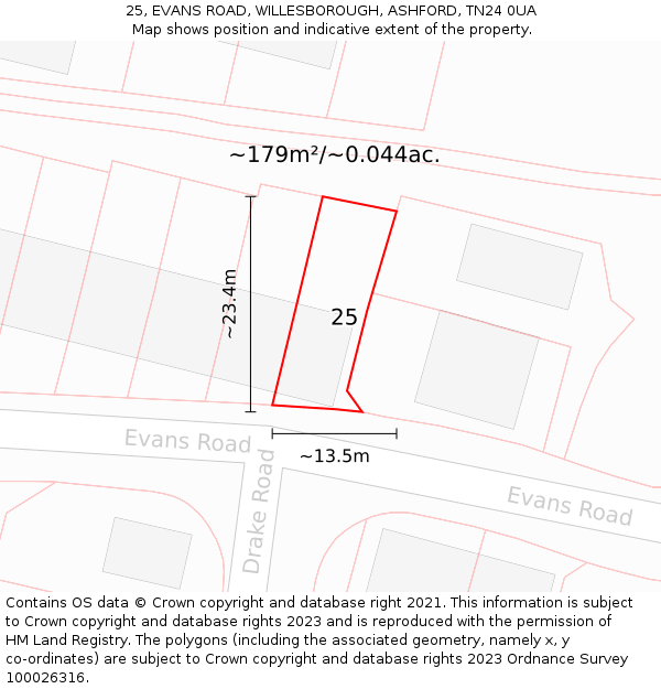 25, EVANS ROAD, WILLESBOROUGH, ASHFORD, TN24 0UA: Plot and title map