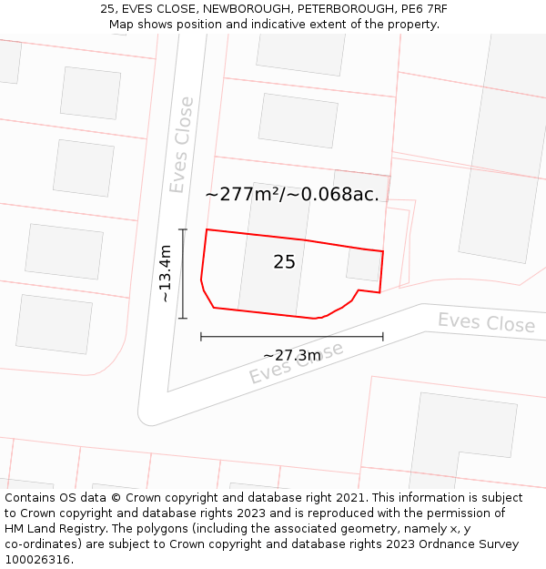 25, EVES CLOSE, NEWBOROUGH, PETERBOROUGH, PE6 7RF: Plot and title map
