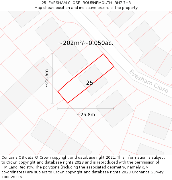 25, EVESHAM CLOSE, BOURNEMOUTH, BH7 7HR: Plot and title map