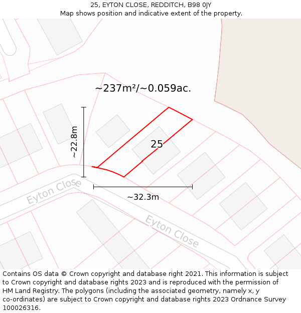 25, EYTON CLOSE, REDDITCH, B98 0JY: Plot and title map
