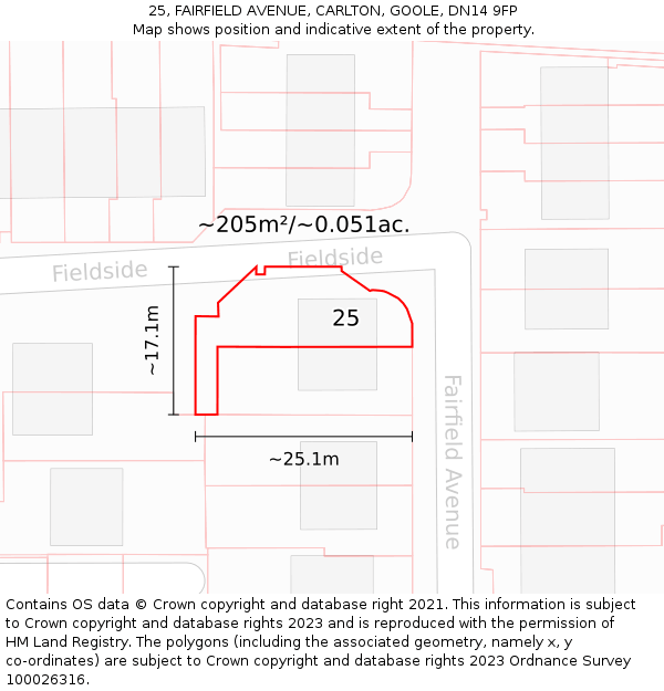 25, FAIRFIELD AVENUE, CARLTON, GOOLE, DN14 9FP: Plot and title map