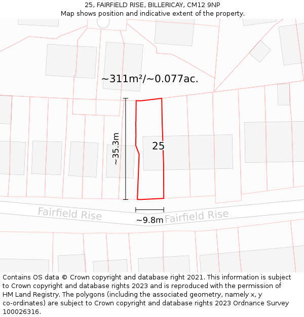 25, FAIRFIELD RISE, BILLERICAY, CM12 9NP: Plot and title map