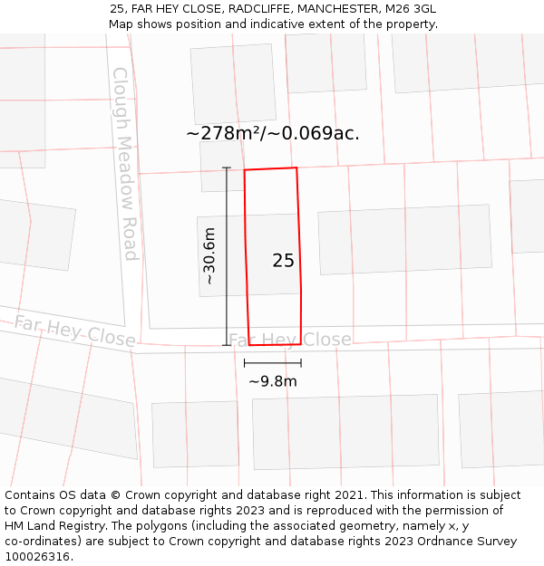 25, FAR HEY CLOSE, RADCLIFFE, MANCHESTER, M26 3GL: Plot and title map