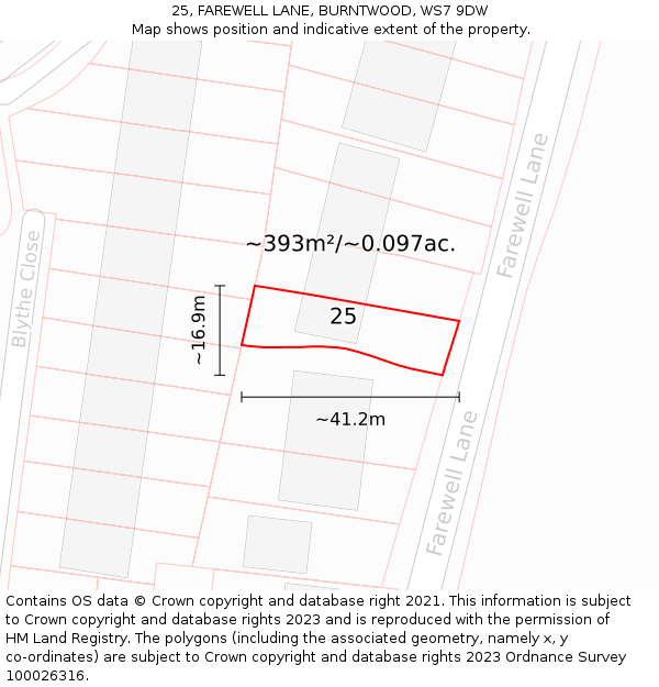 25, FAREWELL LANE, BURNTWOOD, WS7 9DW: Plot and title map