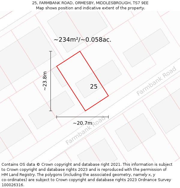 25, FARMBANK ROAD, ORMESBY, MIDDLESBROUGH, TS7 9EE: Plot and title map