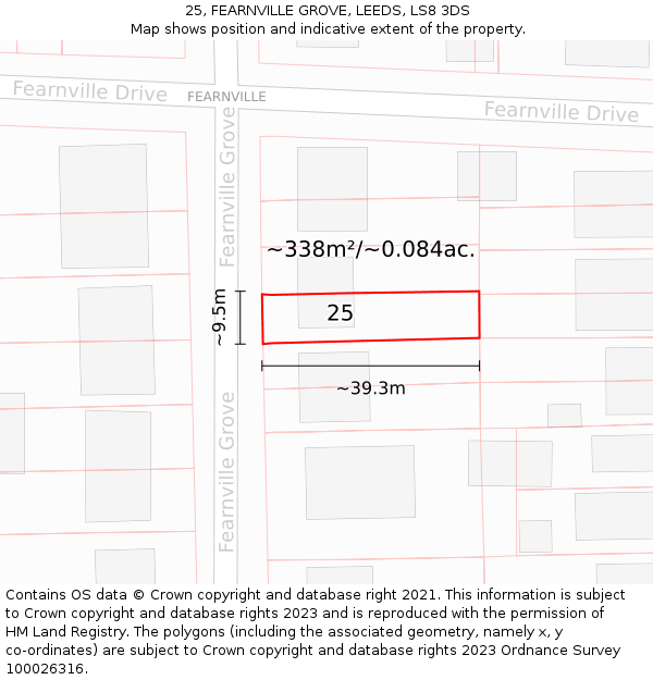 25, FEARNVILLE GROVE, LEEDS, LS8 3DS: Plot and title map