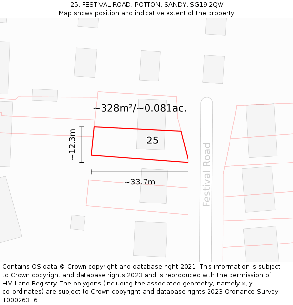 25, FESTIVAL ROAD, POTTON, SANDY, SG19 2QW: Plot and title map