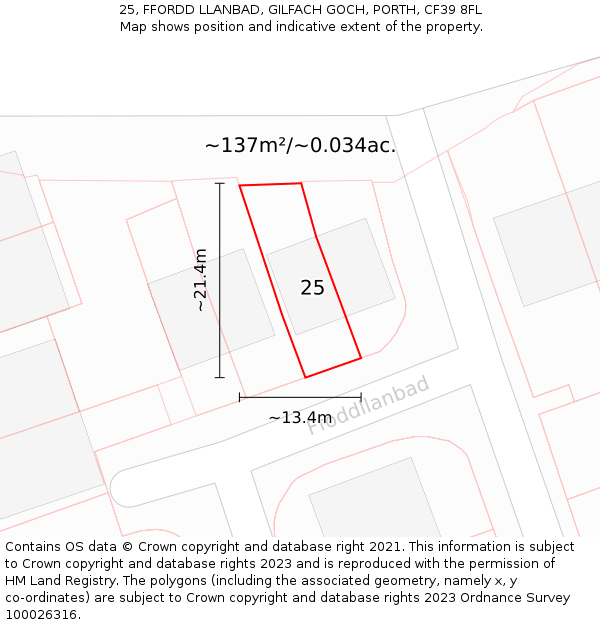 25, FFORDD LLANBAD, GILFACH GOCH, PORTH, CF39 8FL: Plot and title map