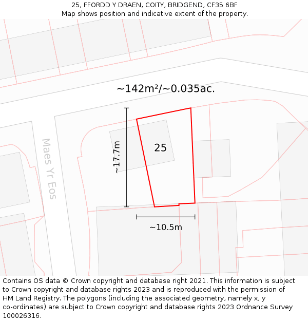 25, FFORDD Y DRAEN, COITY, BRIDGEND, CF35 6BF: Plot and title map