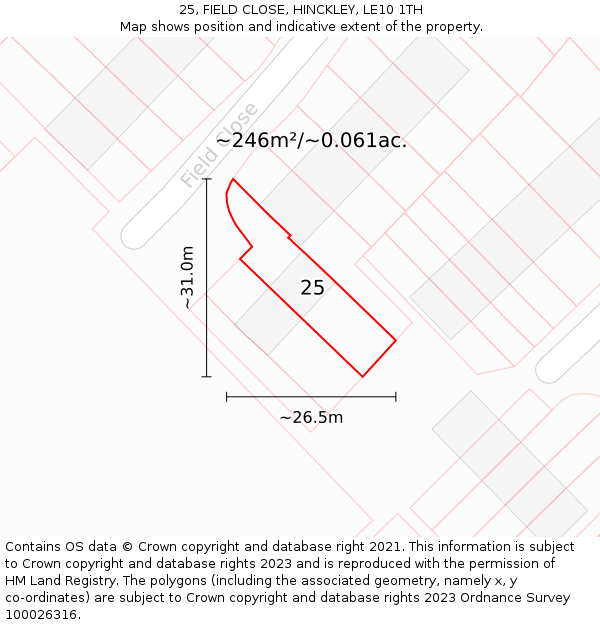 25, FIELD CLOSE, HINCKLEY, LE10 1TH: Plot and title map