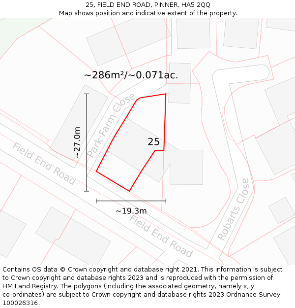 25, FIELD END ROAD, PINNER, HA5 2QQ: Plot and title map