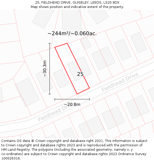 25, FIELDHEAD DRIVE, GUISELEY, LEEDS, LS20 8DX: Plot and title map