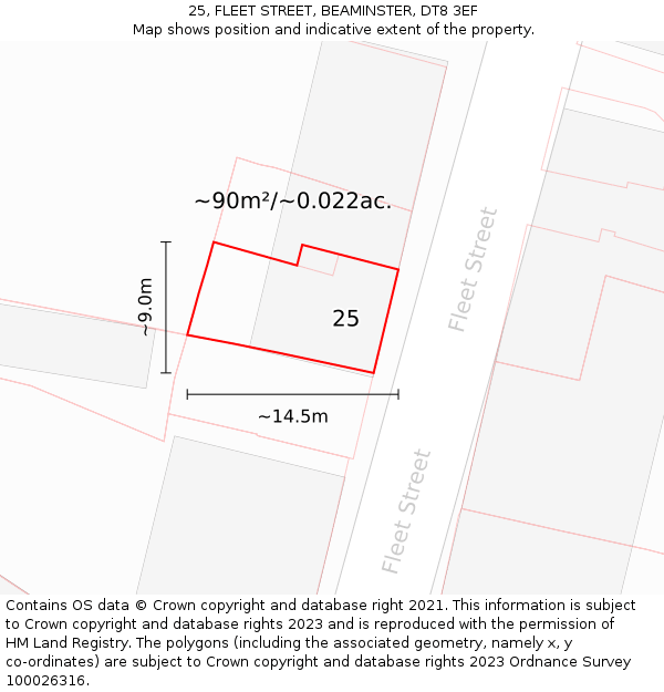 25, FLEET STREET, BEAMINSTER, DT8 3EF: Plot and title map