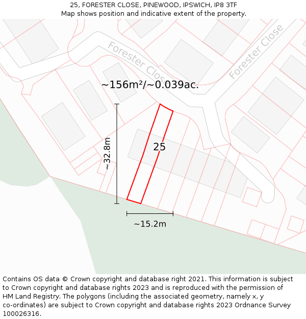 25, FORESTER CLOSE, PINEWOOD, IPSWICH, IP8 3TF: Plot and title map