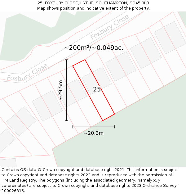 25, FOXBURY CLOSE, HYTHE, SOUTHAMPTON, SO45 3LB: Plot and title map