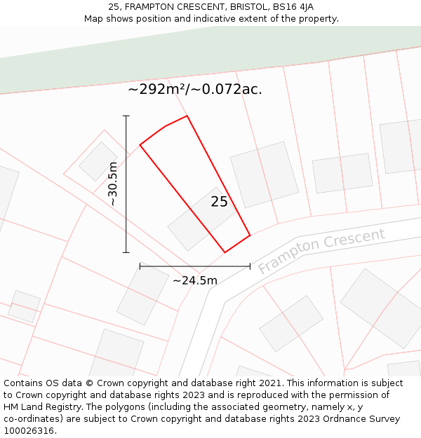25, FRAMPTON CRESCENT, BRISTOL, BS16 4JA: Plot and title map