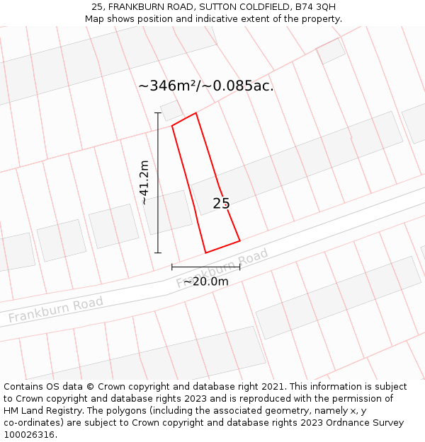 25, FRANKBURN ROAD, SUTTON COLDFIELD, B74 3QH: Plot and title map