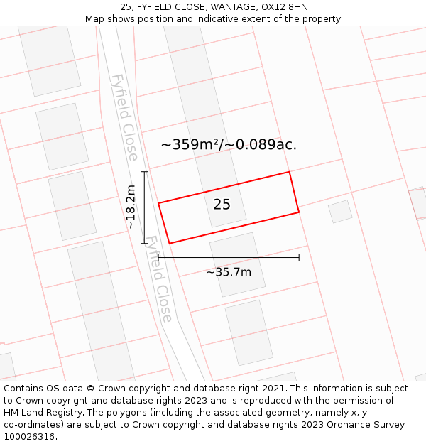 25, FYFIELD CLOSE, WANTAGE, OX12 8HN: Plot and title map